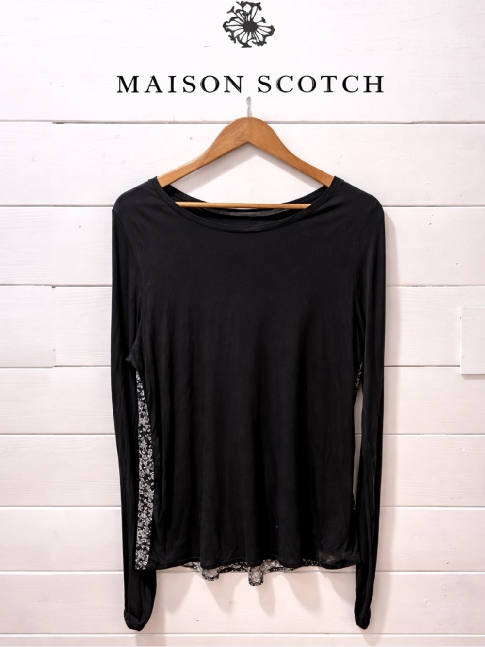 Lightweight black Scotch & Soda top with a flowing floral back, size M